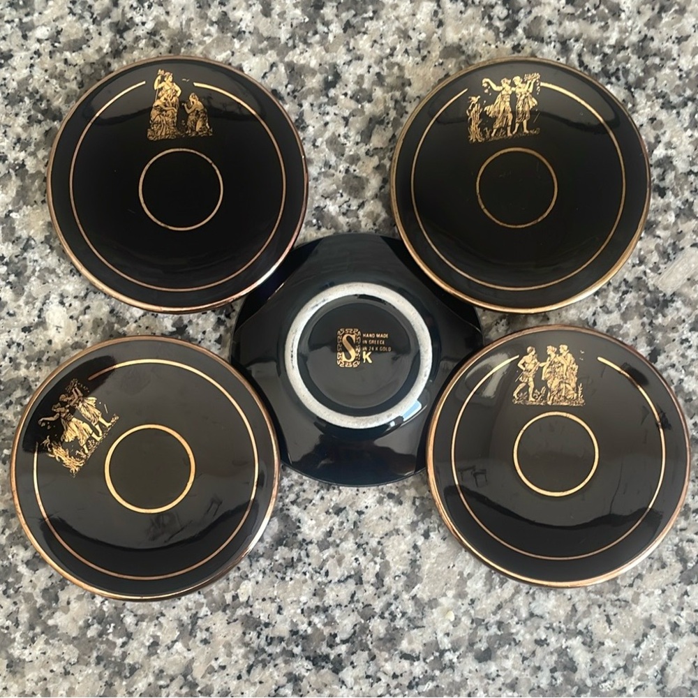 Vintage Handmade Greek God Porcelain Saucers - 24k Gold on Black